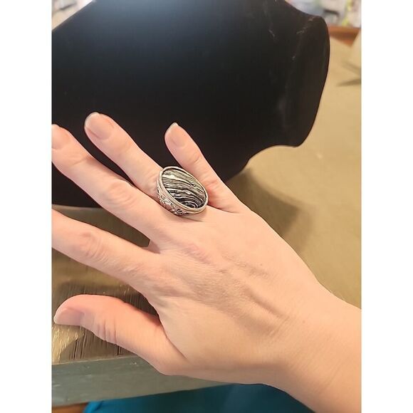 Large Stone Ring 925 Sterling Silver Statement handmade White Black Size 6.5 - Picture 6 of 7